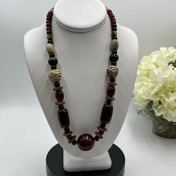 Vintage Bakelite Style Statement
Necklace Tribal Beaded 20"
Burgundy Gold Black - Picture 1 of 16